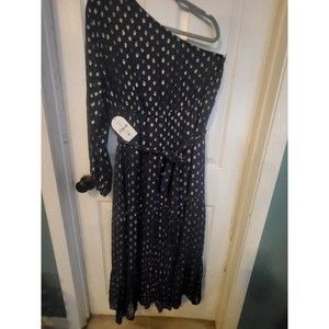 Arula Long Navy One Shoulder Long Dress with Gold Embellishments